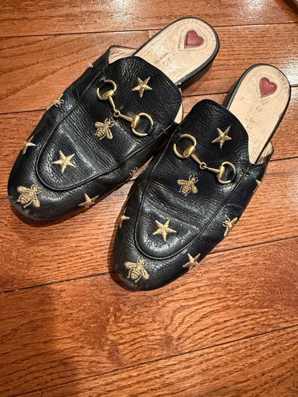 Gucci Black Leather Horsebit Mules with Gold Embroidery
